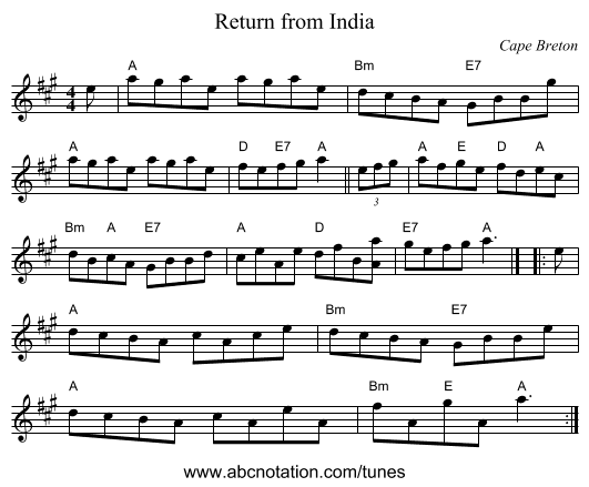Return from India - staff notation