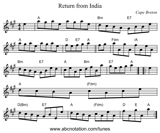 Return from India - staff notation