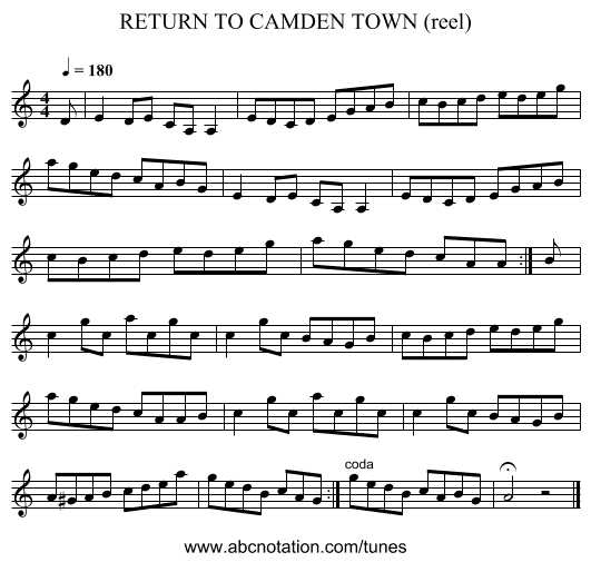 RETURN TO CAMDEN TOWN (reel) - staff notation
