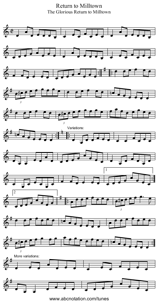 Return to Milltown - staff notation