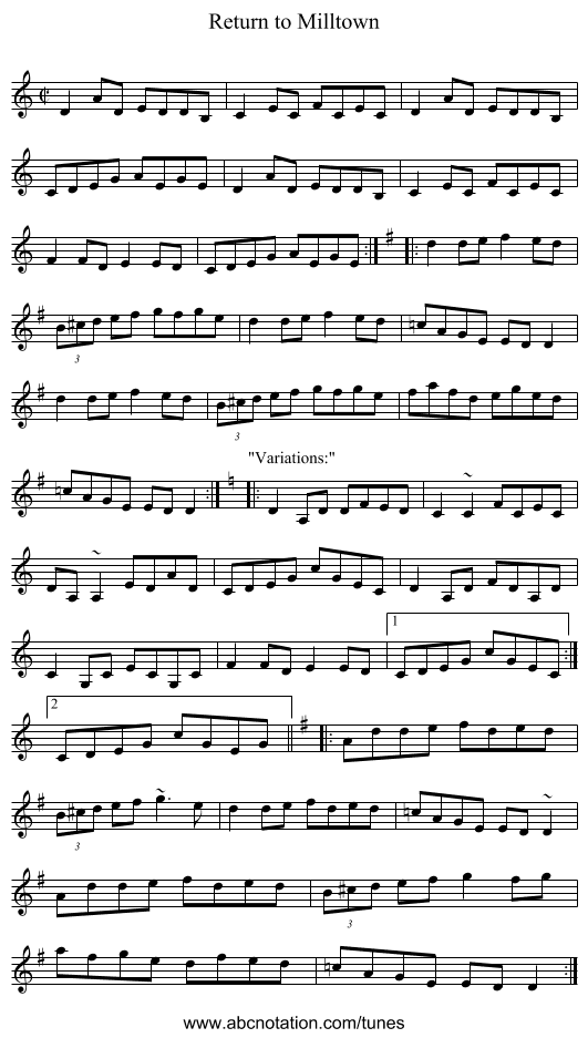 Return to Milltown - staff notation