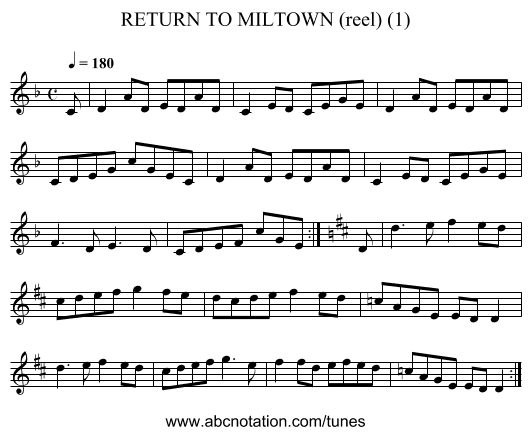 RETURN TO MILTOWN (reel) (1) - staff notation