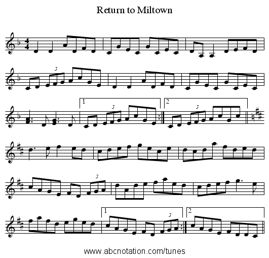 Return to Miltown - staff notation