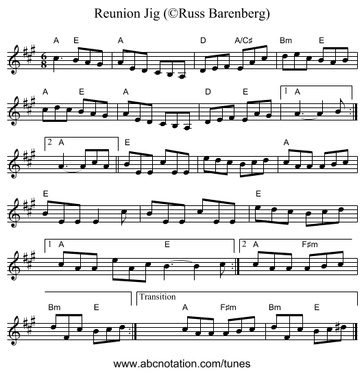 Reunion Jig (&copy;Russ Barenberg) - staff notation