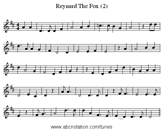 Reynard The Fox (2) - staff notation
