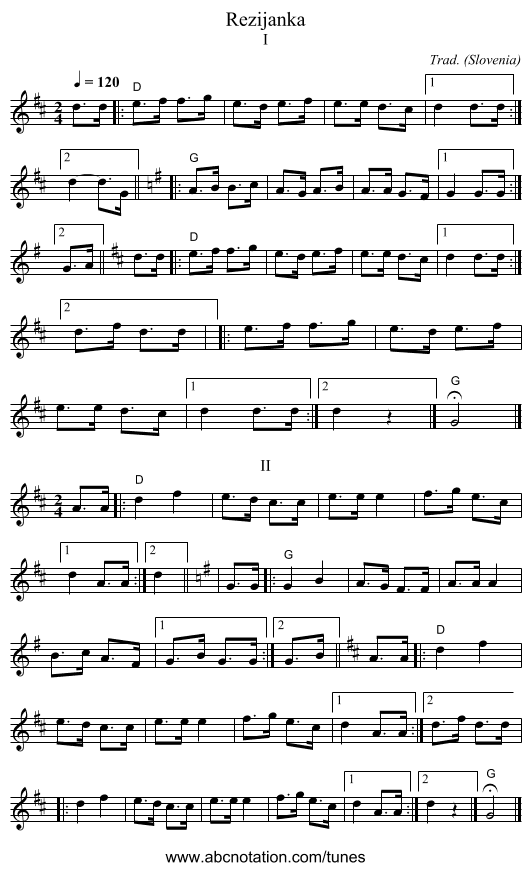 Rezijanka - staff notation