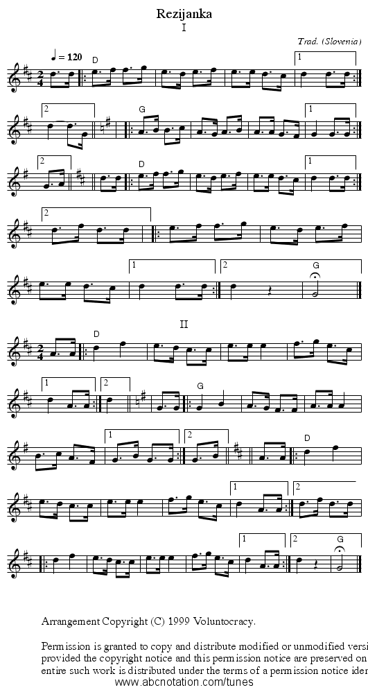 Rezijanka - staff notation