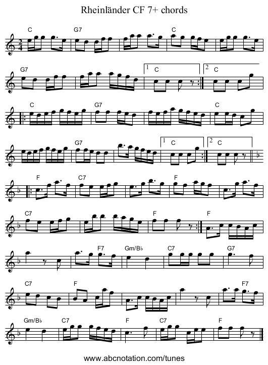Rheinländer CF 7+ chords - staff notation