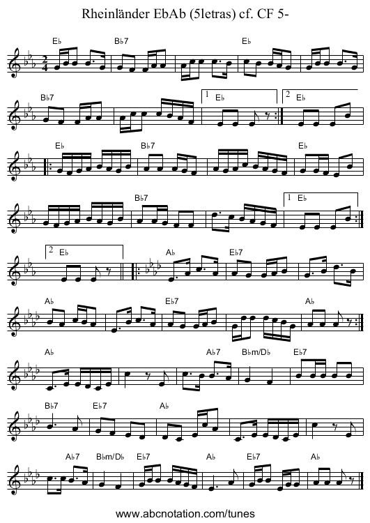 Rheinländer EbAb (5letras) cf. CF 5- - staff notation
