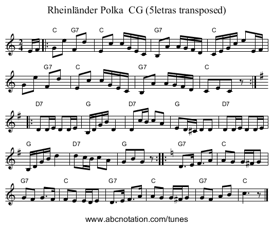Rheinländer Polka CG (5letras transposed) - staff notation