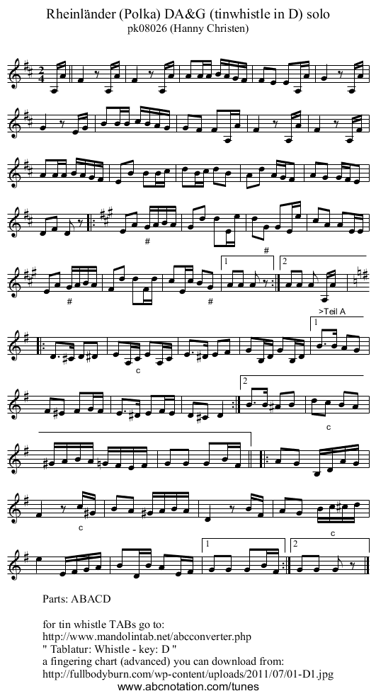 Rheinl&auml;nder (Polka) DA&G (tinwhistle in D) solo - staff notation