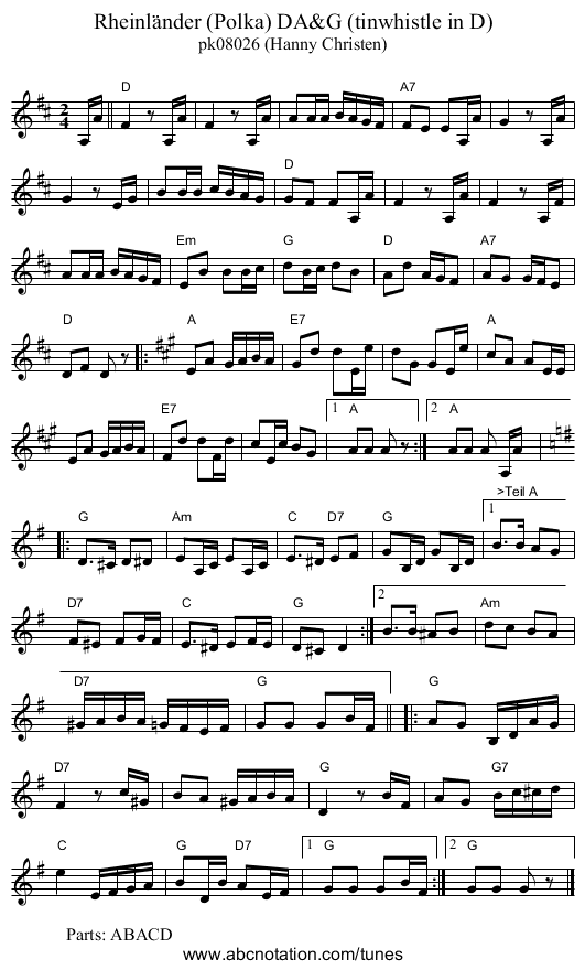 Rheinl&auml;nder (Polka) DA&G (tinwhistle in D) - staff notation