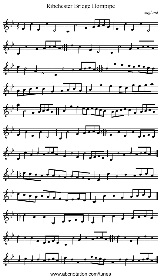 Ribchester Bridge Hornpipe - staff notation