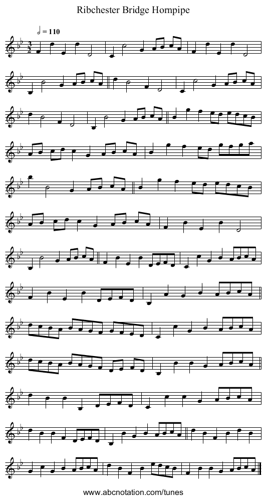 Ribchester Bridge Hornpipe - staff notation
