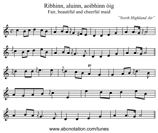 Ribhinn, aluinn, aoibhinn òig - staff notation