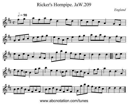 Ricker's Hornpipe. JaW.209 - staff notation