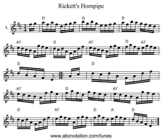 Rickett's Hornpipe - staff notation