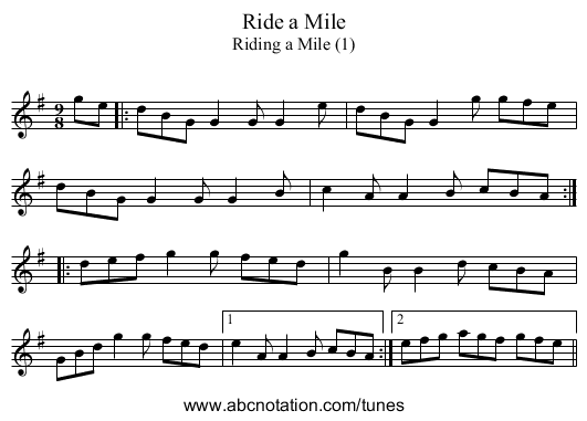 Ride a Mile - staff notation