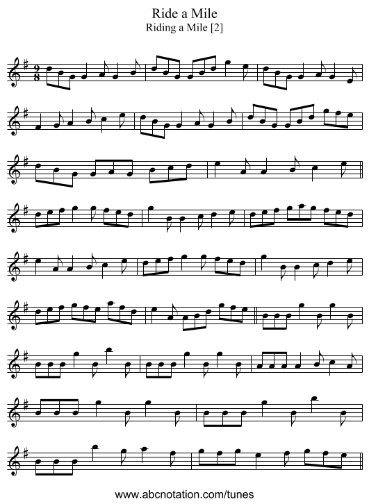 Ride a Mile - staff notation