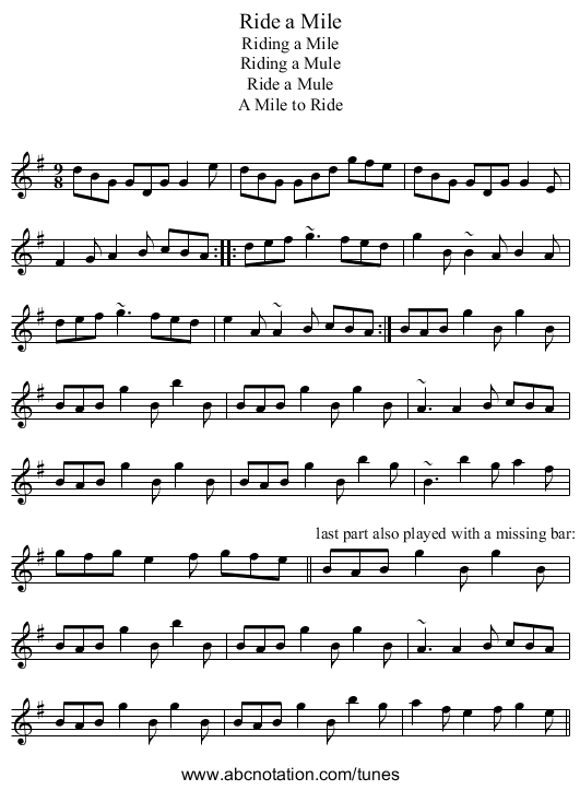 Ride a Mile - staff notation