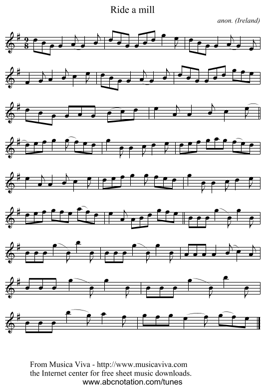 Ride a mill - staff notation