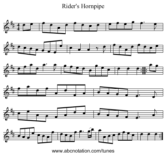 Rider's Hornpipe - staff notation