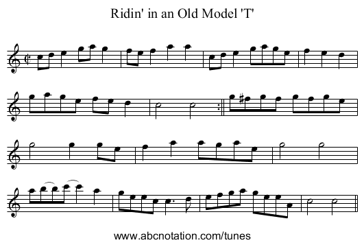Ridin' in an Old Model 'T' - staff notation