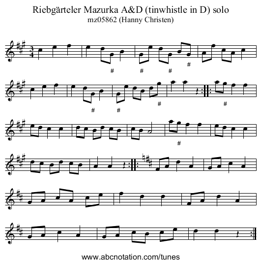 Riebg&auml;rteler Mazurka A&D (tinwhistle in D) solo - staff notation