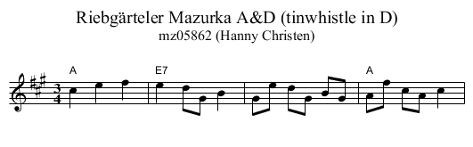 Riebg&auml;rteler Mazurka A&D (tinwhistle in D) - staff notation