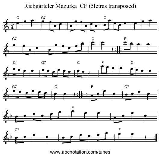 Riebg&auml;rteler Mazurka  CF (5letras transposed) - staff notation