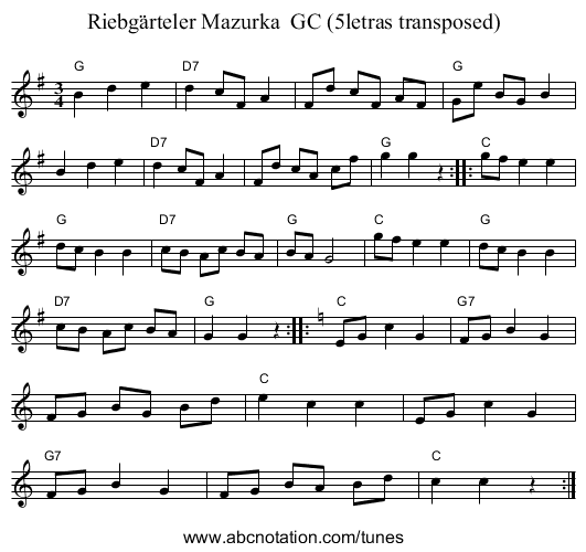 Riebg&auml;rteler Mazurka  GC (5letras transposed) - staff notation
