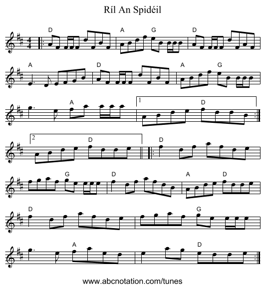 Ríl An Spidéil - staff notation