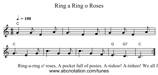 Ring a Ring o Roses - staff notation