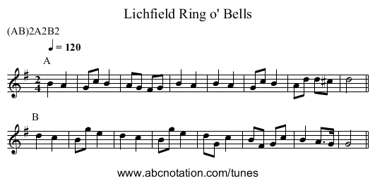 Ring o' Bells, Lichfield - staff notation