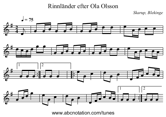 Rinnländer efter Ola Olsson - staff notation