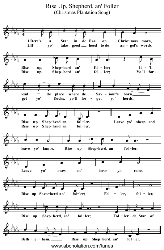 Rise Up, Shepherd, an' Foller - staff notation