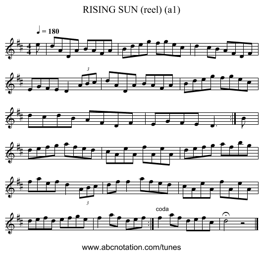 RISING SUN (reel) (a1) - staff notation