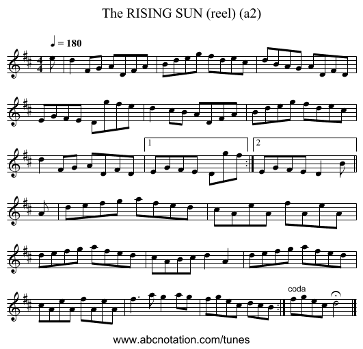 RISING SUN (reel) (a2), The - staff notation