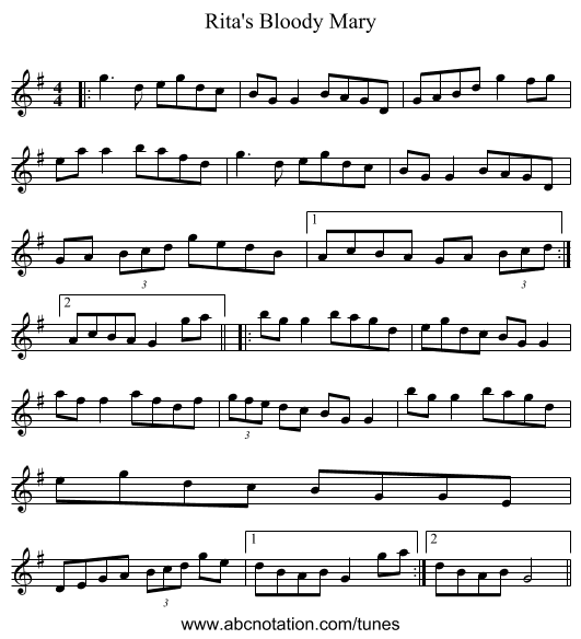 Rita's Bloody Mary - staff notation