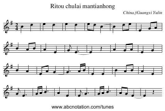 Ritou chulai mantianhong - staff notation