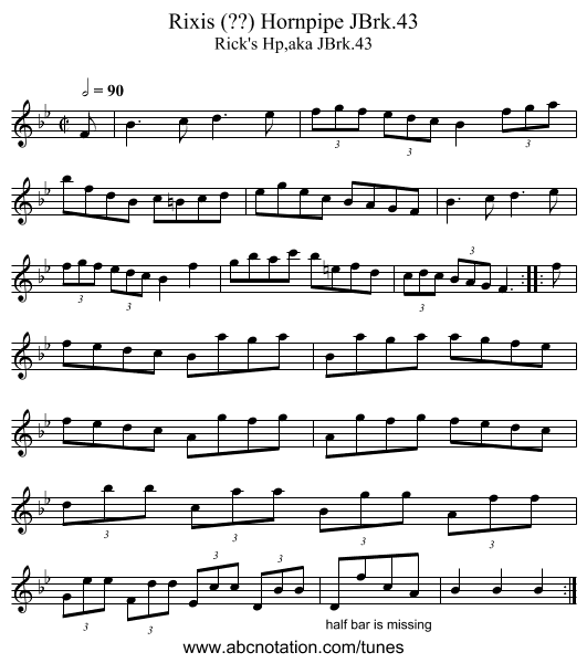 Rixis (??) Hornpipe JBrk.43 - staff notation