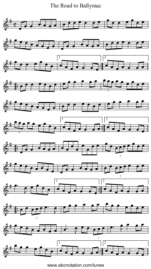 Road to Ballymac, The - staff notation