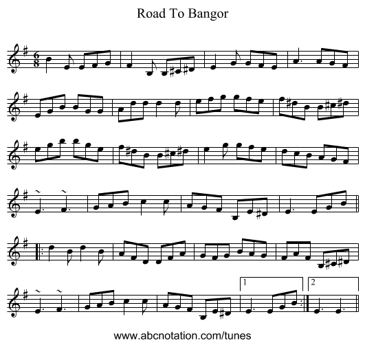Road To Bangor - staff notation