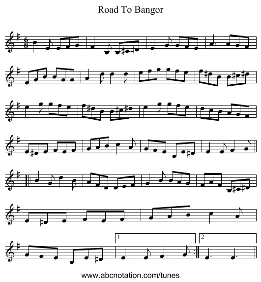 Road To Bangor - staff notation