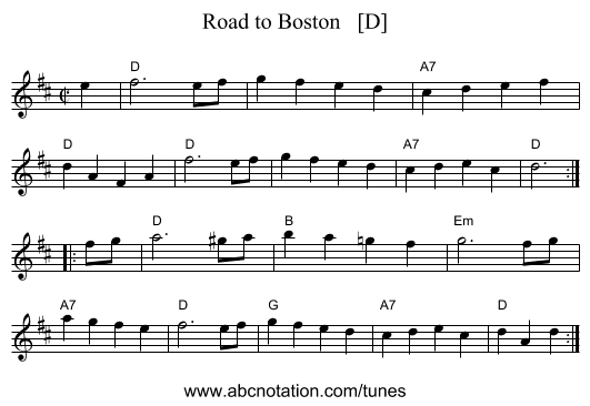 Road to Boston   [D] - staff notation