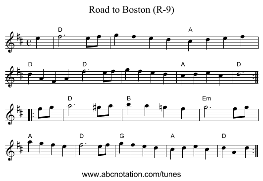 Road to Boston (R-9) - staff notation