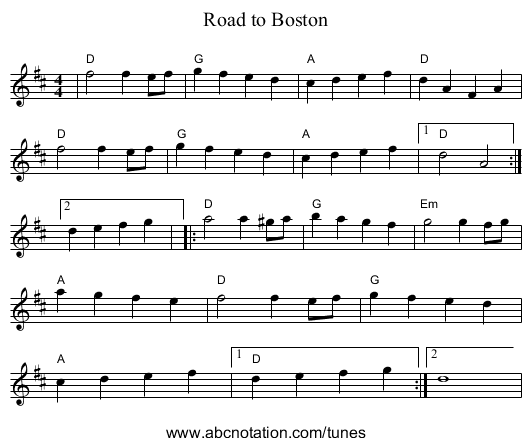 Road to Boston - staff notation