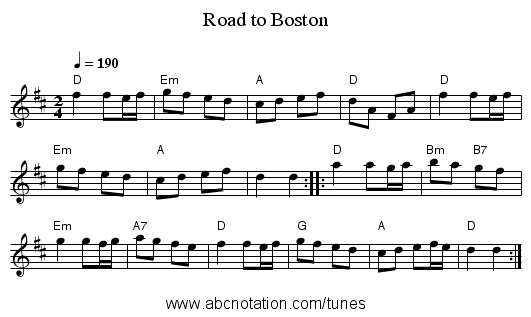 Road to Boston - staff notation
