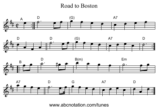 Road to Boston - staff notation