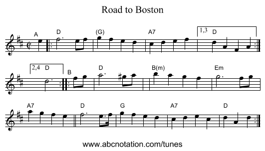 Road to Boston - staff notation